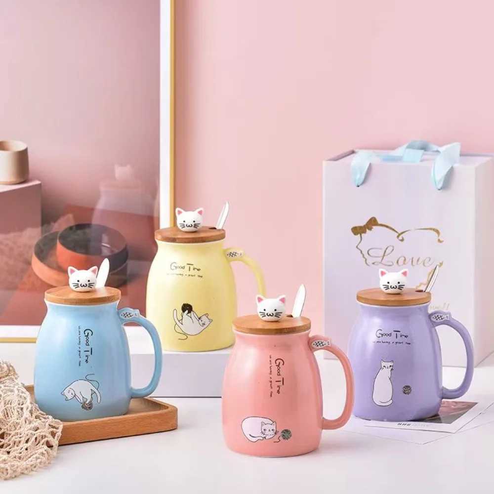 460ml Cartoon Ceramics Cat Mug with Lid and Spoon Handle Cute Cat Mug Coffee Milk Tea Mugs Breakfast Cup Drinkware Novelty Gifts D260323