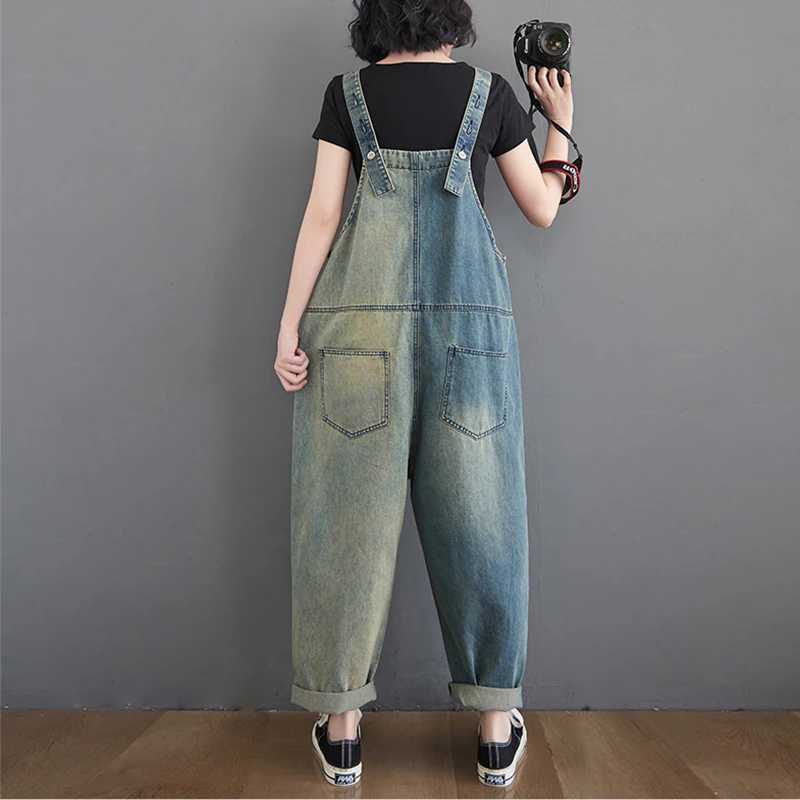 Vintage Contrasting Denim Overalls Spring Summer Women Patch Casual Loose Wide Leg Jumpsuit Female Jean Romper M260323