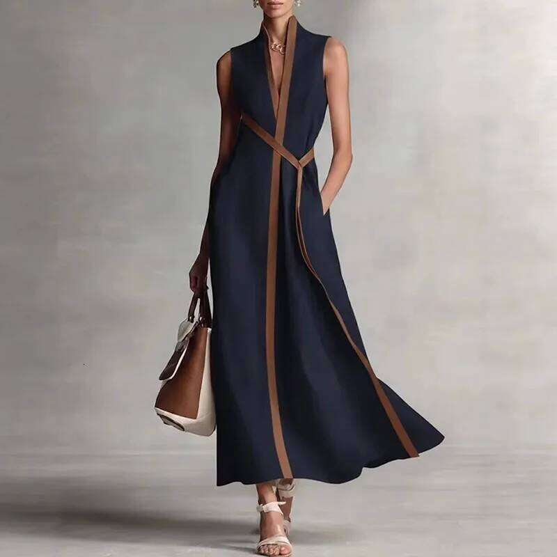Elegant Contrast Striped Print Party Womens Spring Chic V Neck A-Line Long Dresses Summer Sleeveless Vacation Maxi Dress WONST