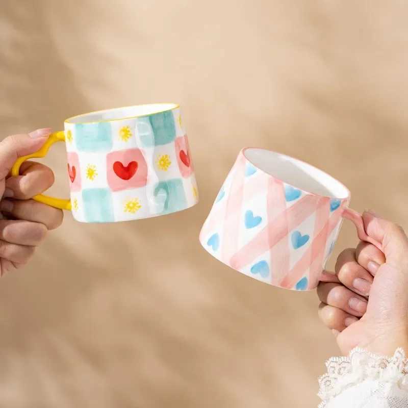 300ML Ceramic Mug with Spoon Cute Ins Style Hand-Painted Love Heart Coffee Breakfast Milk Tea Mug Festival Cups Wedding Gift H260323