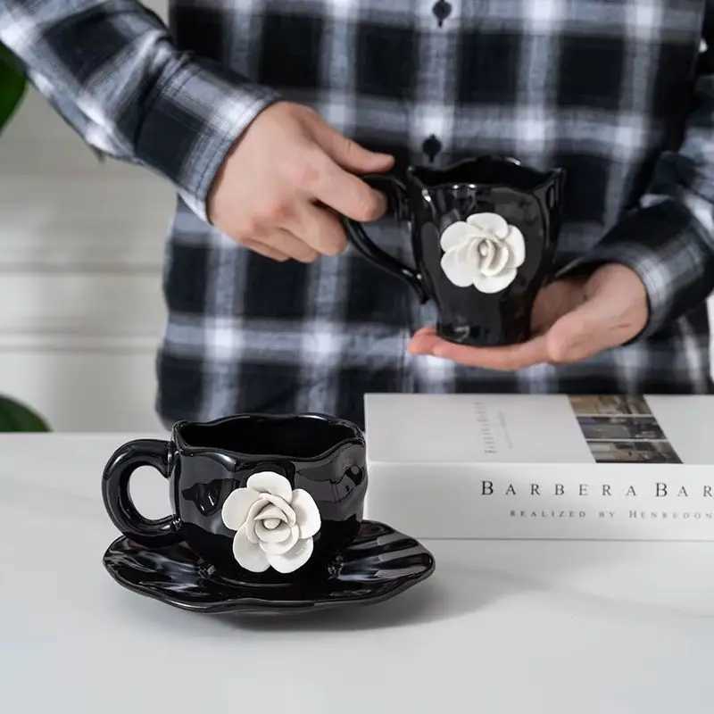 New Creative French Style Camellia Coffee Cup Handcrafted Exquisite Afternoon Tea Black Ceramic Mug Korean 3d White Rose Cup H260323