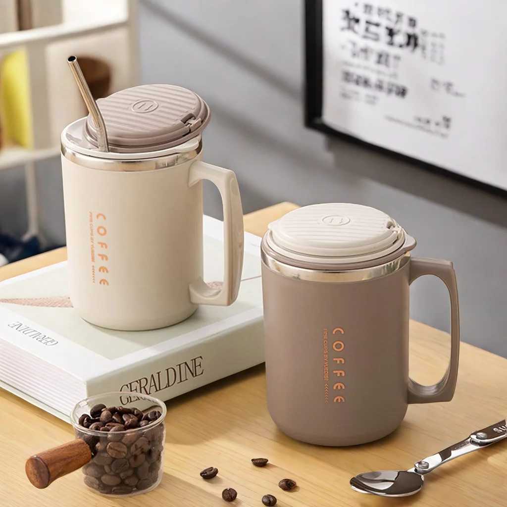 480ML 304 Stainless Steel Coffee Cup Double-Wall Insulated Mug With SpoonStraw Reusable Sealed Drinking Cup For Student Adult D260323