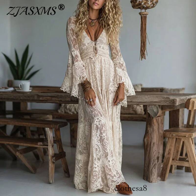 New Deep V Neck Embroidery Lace Woman Spring Hollow Out High Waist Crochet Dresses Autumn Flare Sleeve Jacquard Long Dress
