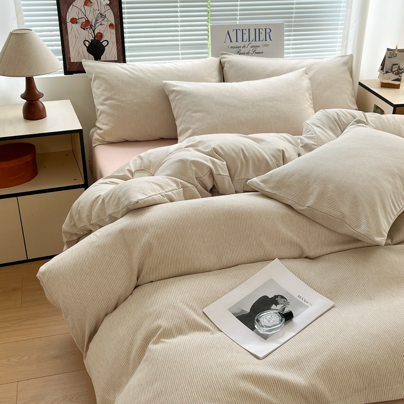 Minimalist Pure Bedding Four-Piece All-Cotton Blogger's Same Style Striped Washed Cotton Duvet Cover Student Three-Piece Set