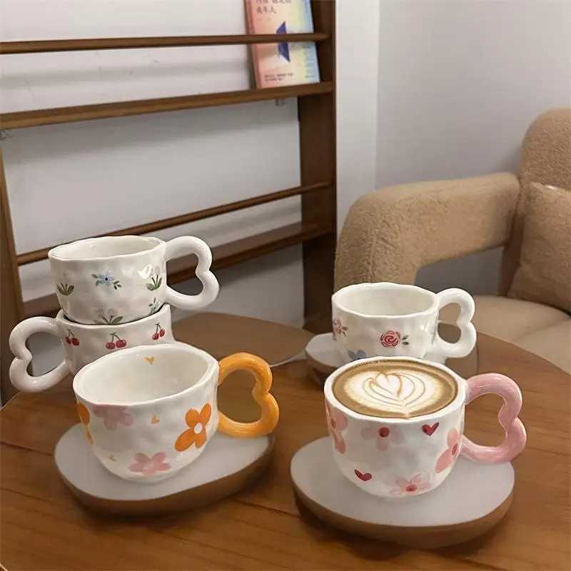 Hand drawn handmade ceramic cups and plates underglaze color irregular coffee cups H260323