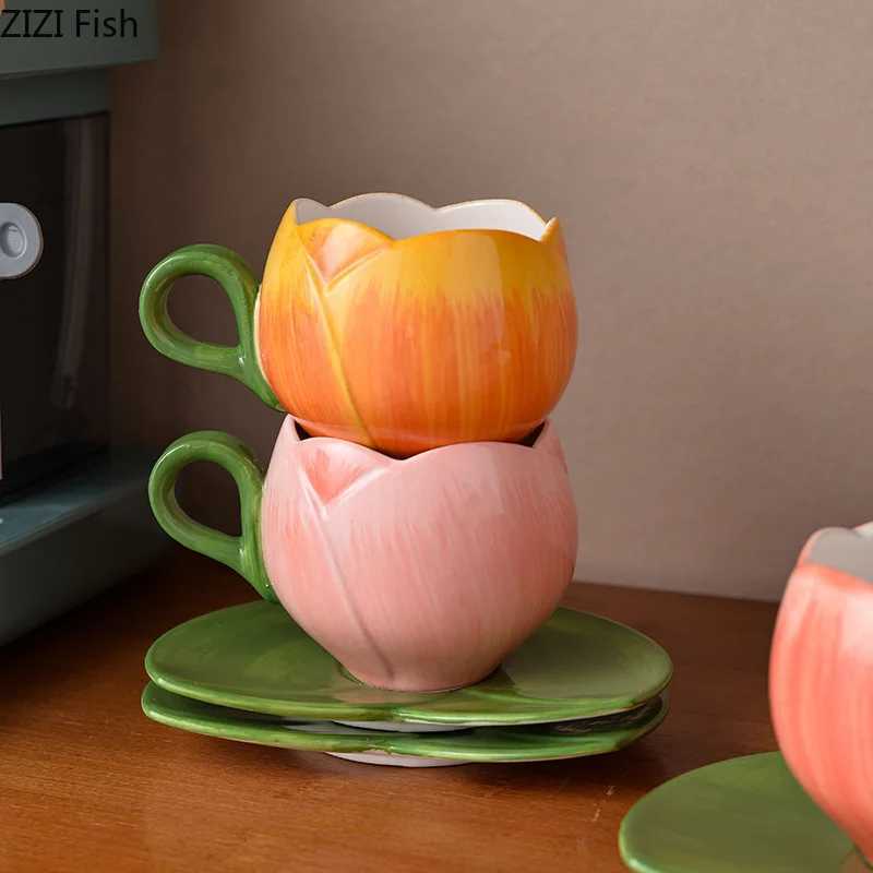 Tulip Flower Shaped Cupsaucer Dining Table Coffee Mug Delicate Porcelain Mugs Afternoon Tea Teacup Fruit Juice Container H260323