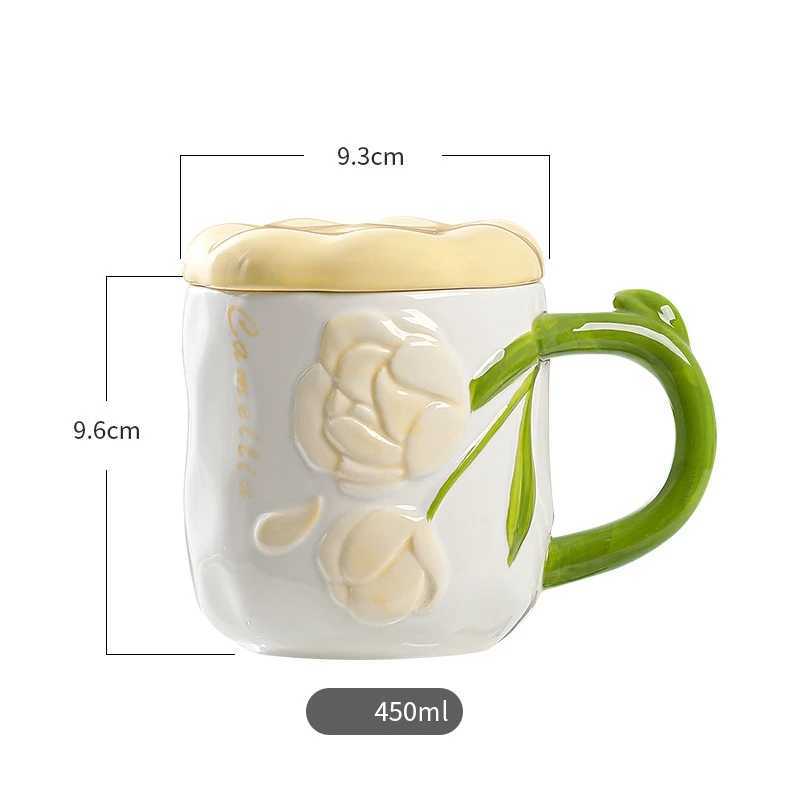 JUSTINLAU Ceramic Mugs Rose Flower Water Cup with LidCreative Handle Afternoon Tea Coffee Milk Cups Valentines Day Gifts D260323