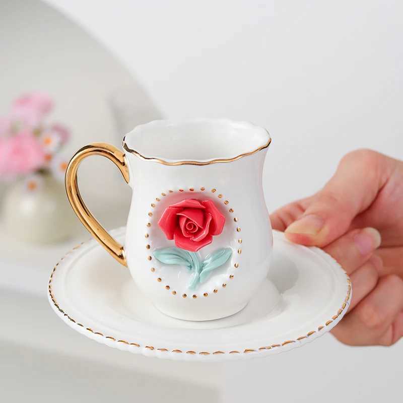 Ceramic rose cup coffee cup plate set handmade ceramic flower cup H260323