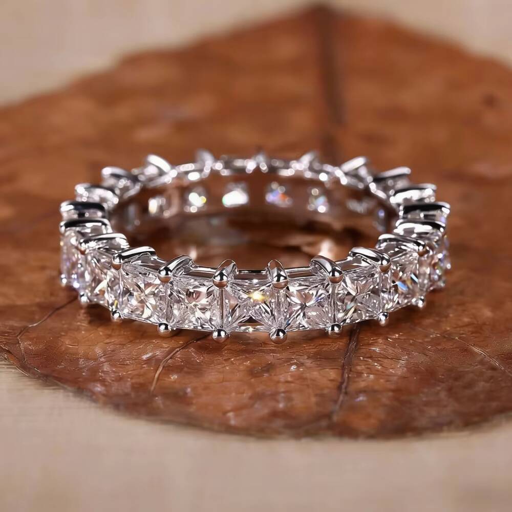 3mm Princess Cut Full Eternity Moissanite Band 925 Sterling Silver Office Chic Light Luxury Engagement Ring European Style Ring