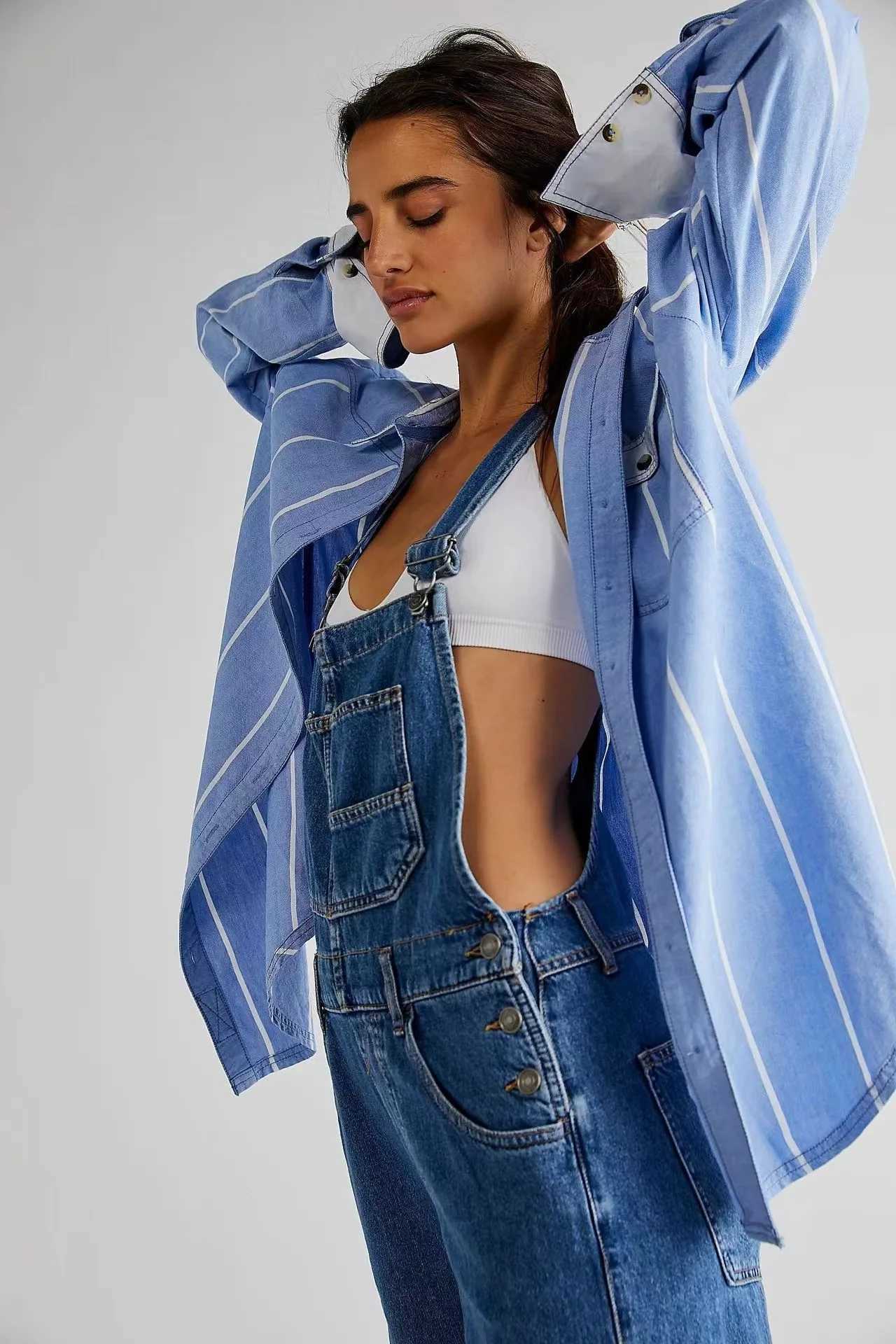 Womens Fashion Denim Overalls Loose Fit Classic Bib Casual Stretchy Jeans Jumpsuit Tapered Leg Streetwear Overalls Fashion M260323