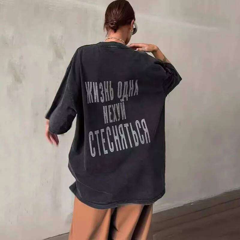 Summer Harajuku Letter Printed Women Cotton Diamond Tee Casual Oversize T Shirt Streetwear Loose Top WONST