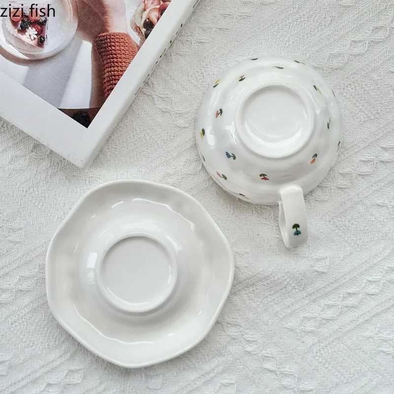 Irregular Ceramic Coffee Cups and Plates Flower Patterned Water Cup Afternoon Tea Mug Breakfast Cup Milk Mug Milk Tea Cups H260323