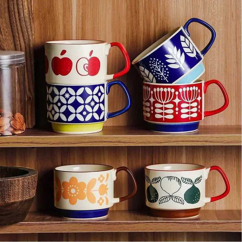 300ml Japanese Flower Coffee Mug Set Retro Ceramic Milk Oats Mug Office Water Handgrip Cup Kitchen Party Drinkware Set H260323