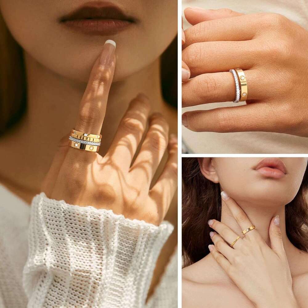 Stackable Ring 18K Gold Plated Set Non Tarnish Stainless Steel Cubic Zirconia Friendship Band Stack Rings Trendy Jewelry Christmas Birthday Party Gift - view 5