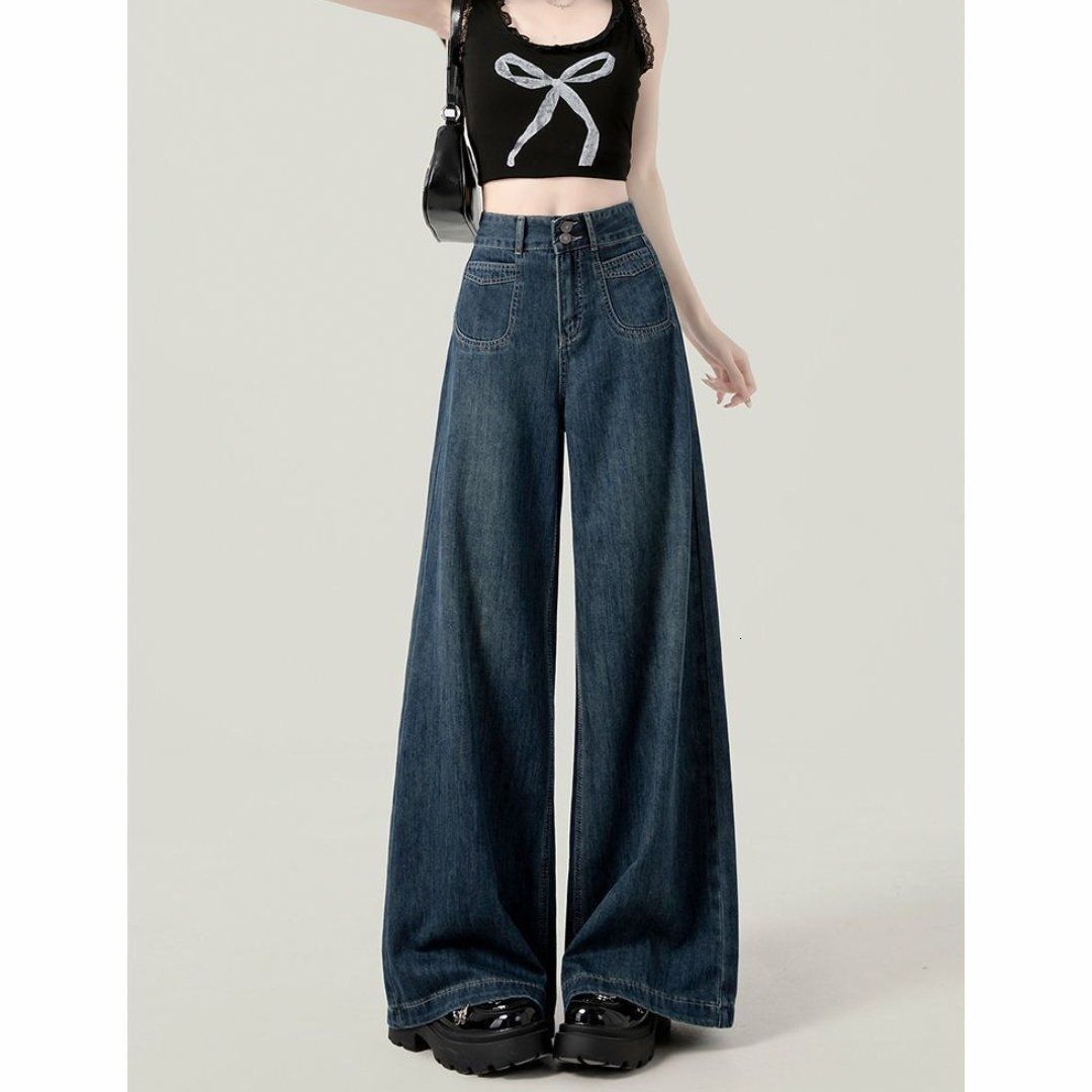 Blue High-waisted Wide-leg Jeans For Women Summer Pear-shaped Body Slimming Draped Loose Straight-leg Designer Pants Floor-length Pants