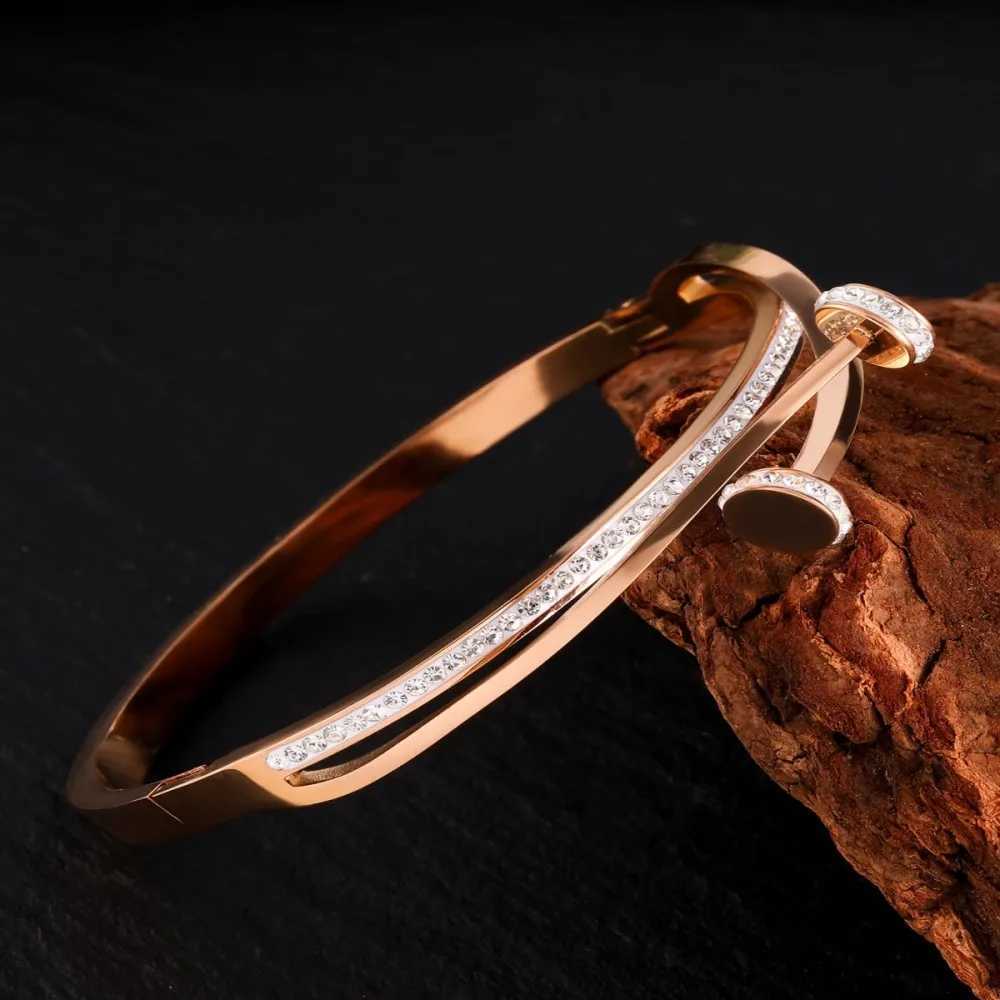 Unique Luxury Double Zircon Head Cross Stainless Steel Bangle For Women Wedding Gift Jewelry H260323 - view 7