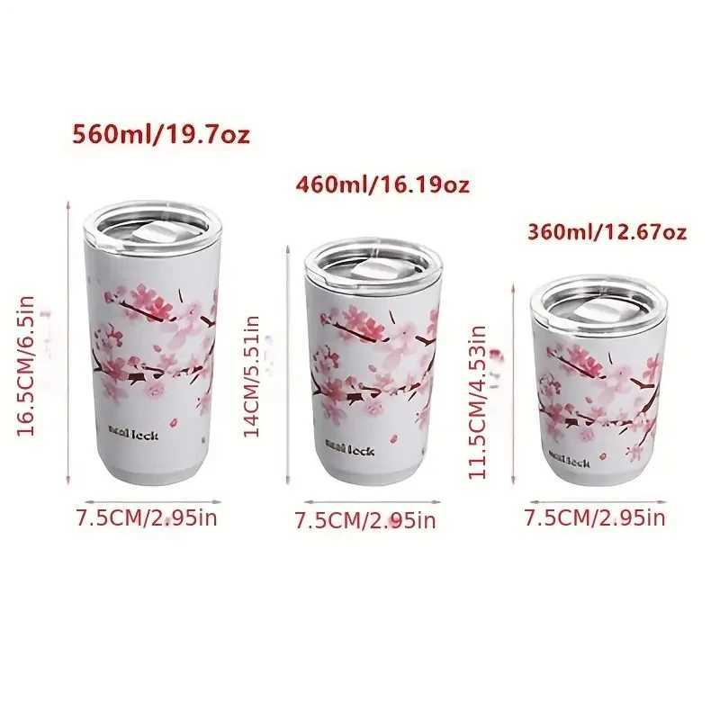 1pc 304 Stainless Steel Ins Hands-on Cup Straw High-value Girls Milk Tea Coffee Cup Anti-fall Water Bottle Water Cup Cherry Blos D260323