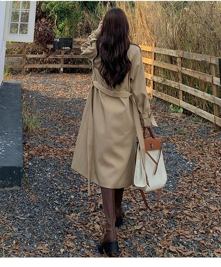 Bornladies Autumn Winter Womens Retro Long Trench Coat Office Lady Loose Belted Waist Fahsion Outerwear Jackets 251029