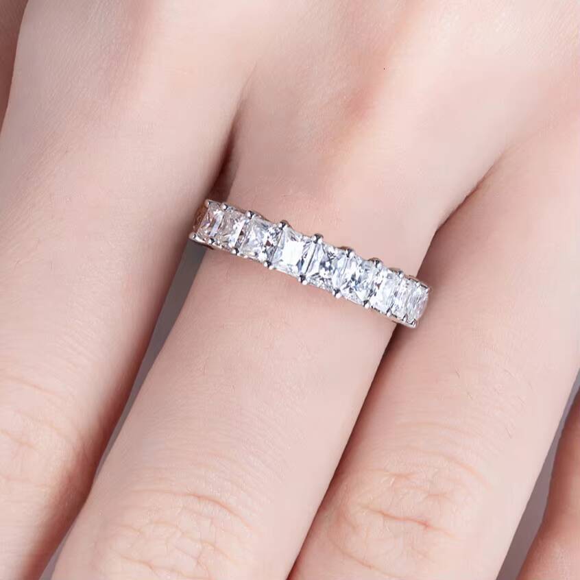 3mm Princess Cut Full Eternity Moissanite Band 925 Sterling Silver Office Chic Light Luxury Engagement Ring European Style Ring