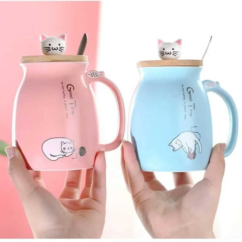 460ml Cartoon Ceramics Cat Mug with Lid and Spoon Handle Cute Cat Mug Coffee Milk Tea Mugs Breakfast Cup Drinkware Novelty Gifts D260323