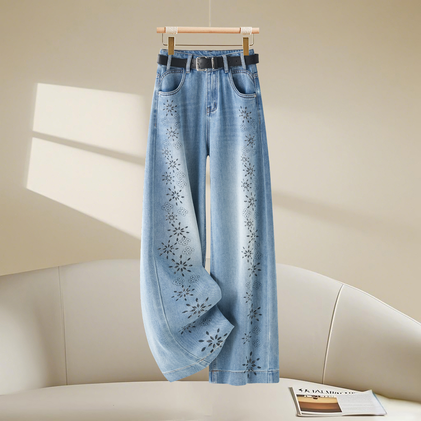 Starry Gray Designer Pants Rhinestone Wide-leg Jeans For Women 2026 Spring New Vintage Hong Kong Style Loose Versatile Straight Pants