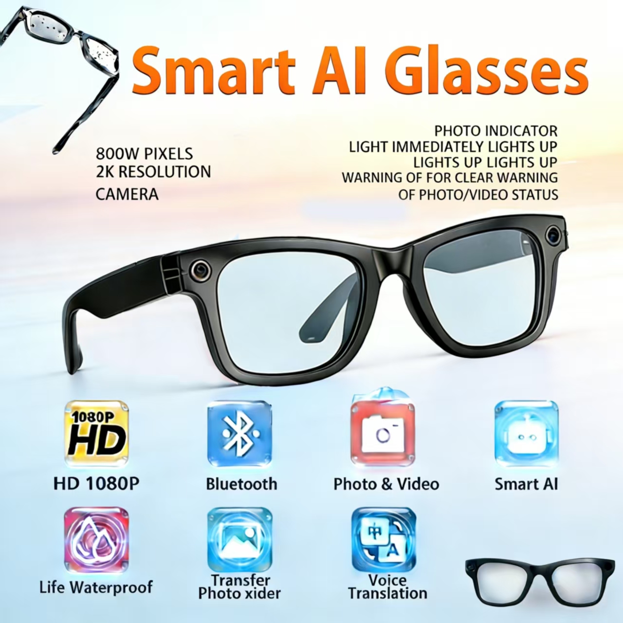 2026 New Designer Smart Glasses AI Translation HD Camera Video Recording Photochromic Lenses 40g Lightweight Type-C Fast Charging Bluetooth