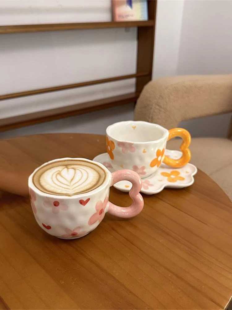Hand drawn handmade ceramic cups and plates underglaze color irregular coffee cups H260323