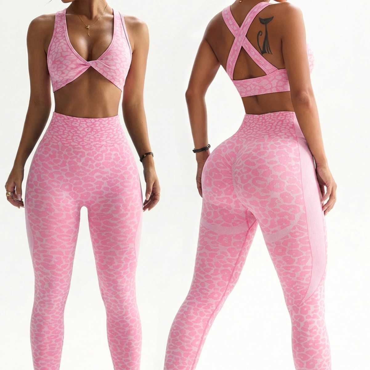 New leopard print yoga outfit for women with twisted back design suitable for fitness training outdoor running and sports includes long pants set