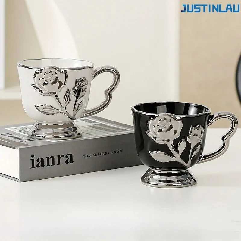 JUSTINLAU 450ml Rose Relief Coffee Mug Ceramic Light Luxury Style Retro Rose Carved Cup Desktop Cup A Must-have Gift for Couples H260323