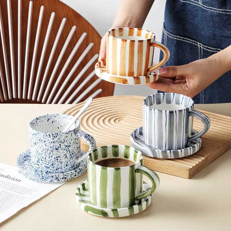 Simple Striped Ceramic Teacup Hotel Caf Porcelain Coffee Cup 280ml Office Mug Breakfast Bread Dessert Mug Gift Table Decoration H260323
