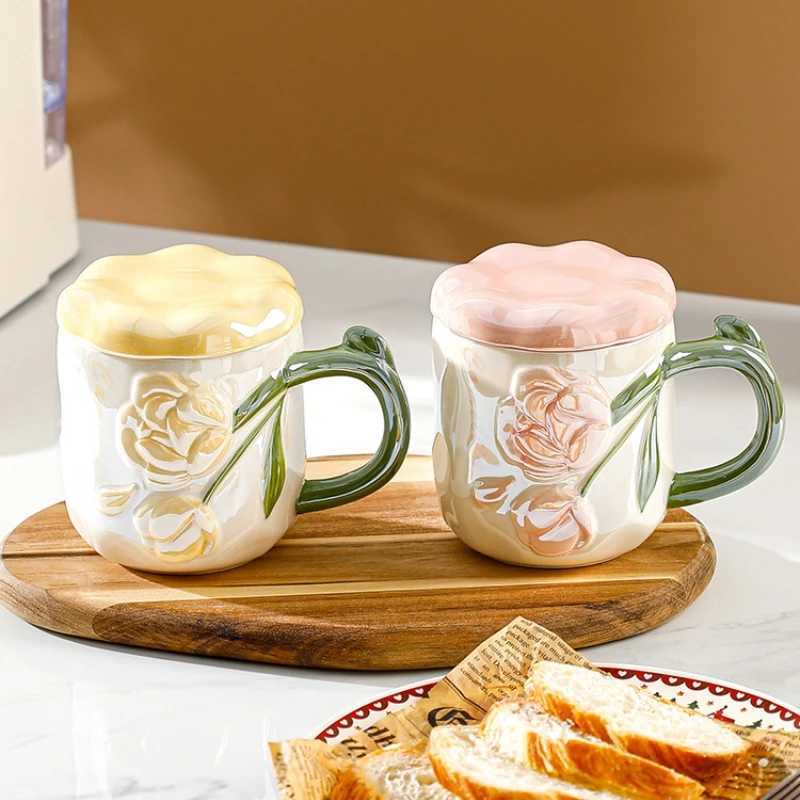 JUSTINLAU Ceramic Mugs Rose Flower Water Cup with LidCreative Handle Afternoon Tea Coffee Milk Cups Valentines Day Gifts D260323