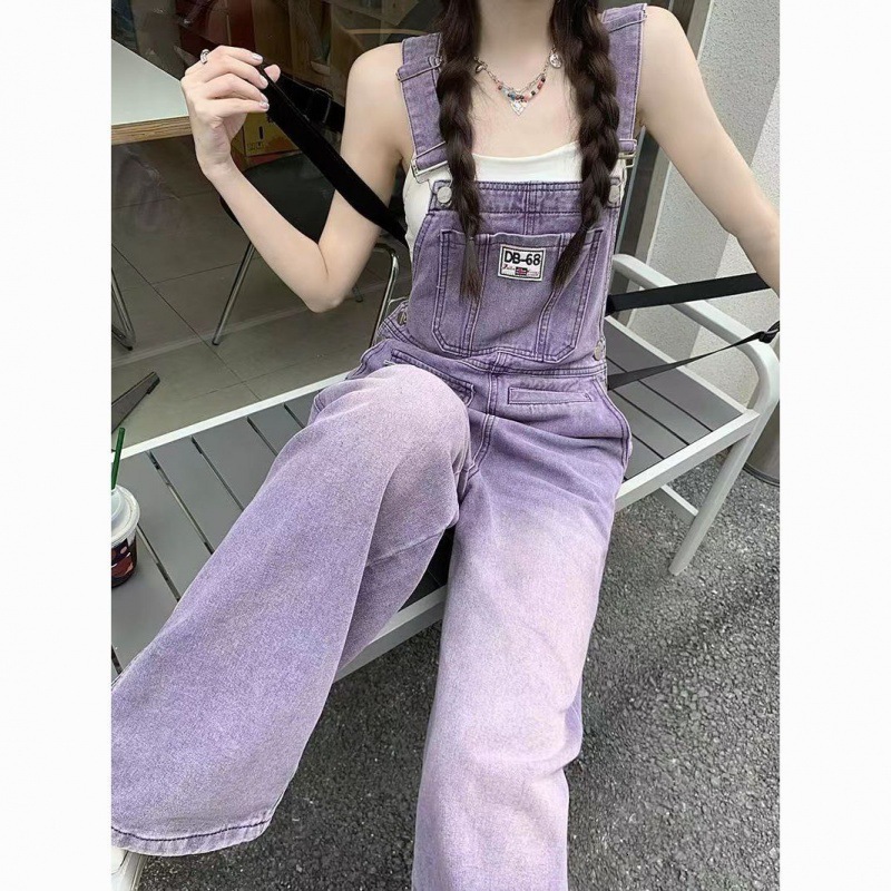 Washed Purple Denim Overalls Designer Pants For Women Summer Vintage Straight-leg Loose Slimming Wide-leg Jumpsuit