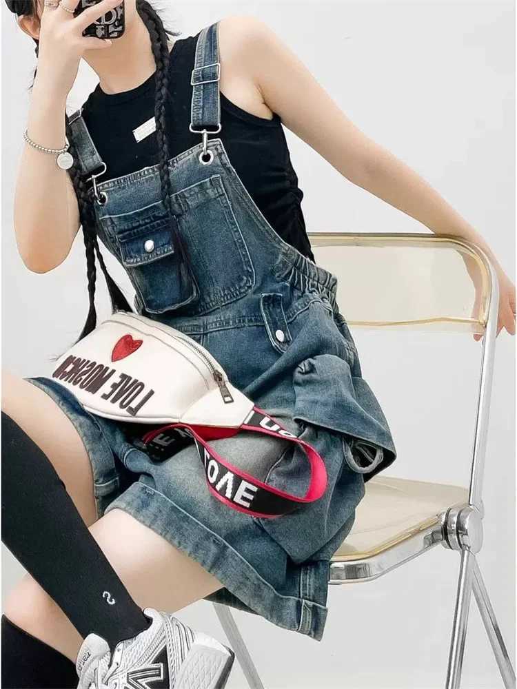American Vintage Denim Overalls Women Fashion Wide Leg Jumpsuit Slim Fit Loose Design Youthful Style Short Romper M260323