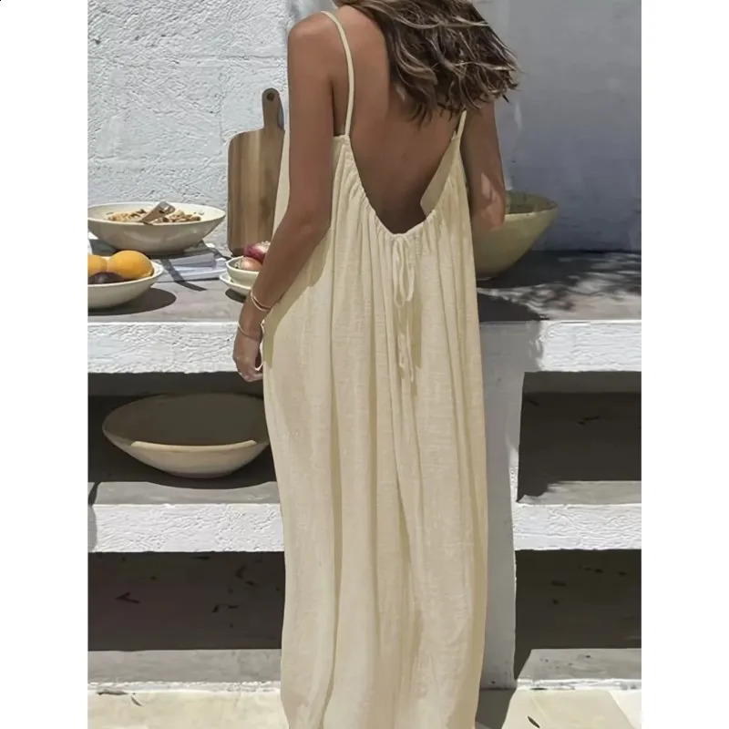 Casual Solid Loose Dress For Women Sexy Sleeveless Spaghetti Strap Backless Lace-up Robe Femme Holiday Beach Party Clothes 260317