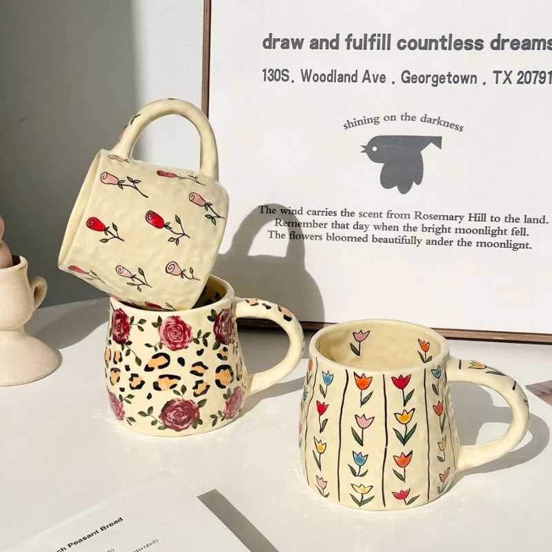Tulip and Rose Ceramic Coffee Mug Handmade Irregular Shape for Tea Water Home Use Unique Design Gift H260323