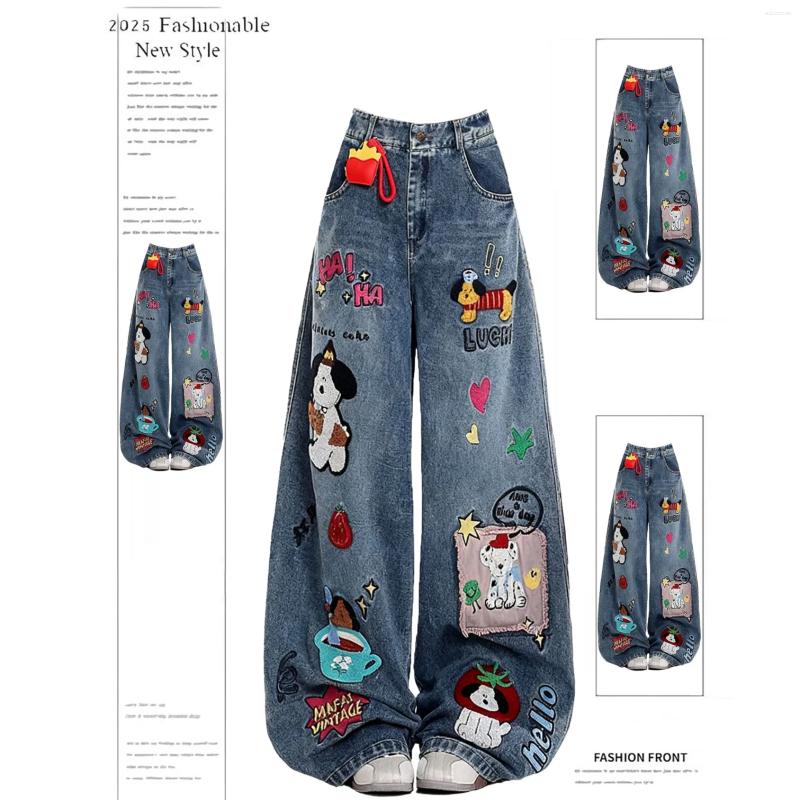 Women's Jeans Retro American Cartoon Floing Embroidery Men Women Cleanfit Waed Loose Wide Leg Pants Couples Casual Fit