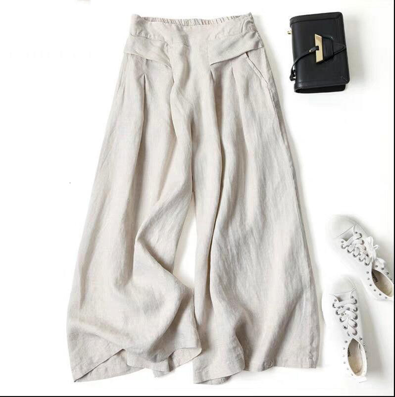 Loose Flowing Artistic Designer Pants Cotton Linen Wide-leg Skirt Pants Summer Women's Semi-elastic High-waist Thin Slimming Nine-point Pants