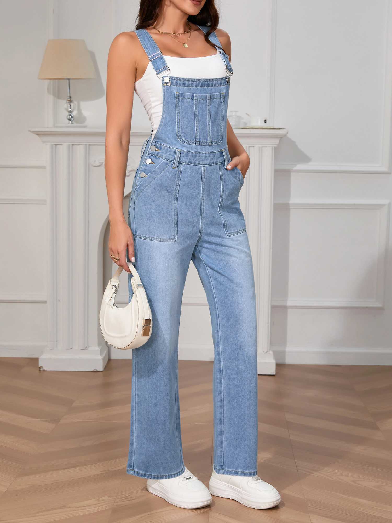 Womens Washed Denim Overalls - Vintage Euro American Style Strappy Jumpsuit High Waist Casual Romper with Adjustable Straps M260323