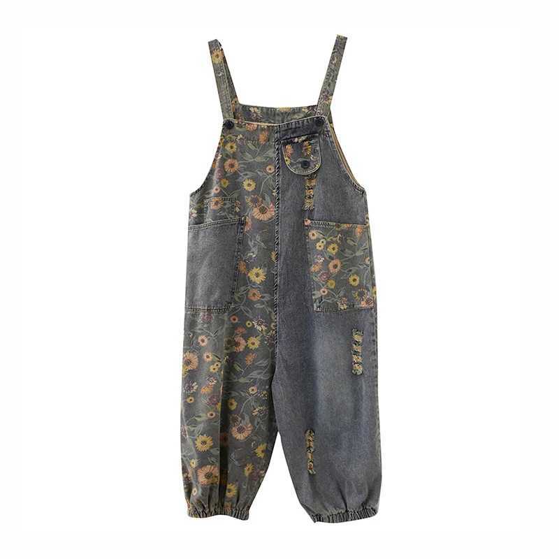 Casual Oversized Print Floral Denim Overalls For Women Loose Wide Leg Mom Jeans Rompers And Jumpsuit Cargo Straps Baggy Pants M260323