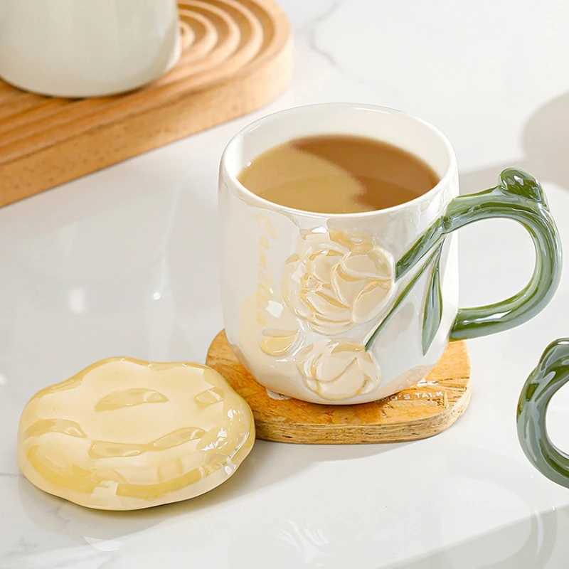 JUSTINLAU Ceramic Mugs Rose Flower Water Cup with LidCreative Handle Afternoon Tea Coffee Milk Cups Valentines Day Gifts D260323