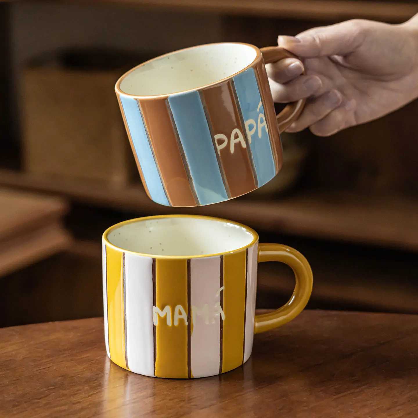 Striped Contrasting Color Mugs High Aesthetic Underglaze Color Office Handgrip Water Cups Household Ceramic Couple Style Cups H260323
