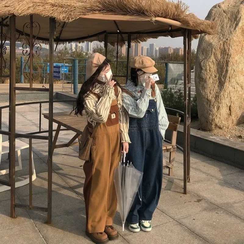 Vintage Kawaii Denim Jumpsuit Overalls Women College Style Girls Brown Blue Loose Casual Wide Leg Pants Jeans All Match Trousers M260323