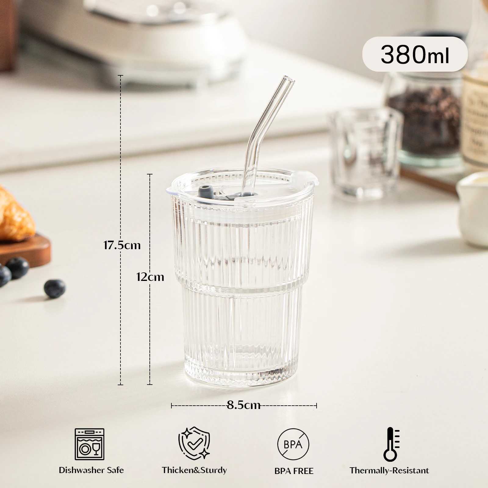 1/2PCS 450ml Stripe Glass Cup Whiskey Glass Transparent Glasses With Lid and Straw Ice Coffee Mug Juice Glass Milk BeerDrinkware D260323
