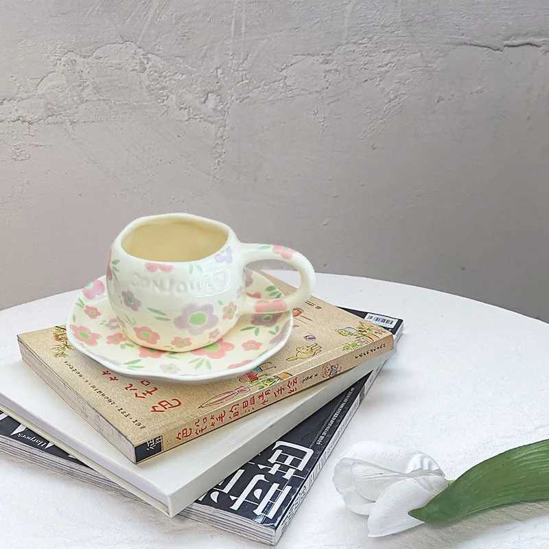 Ceramic Coffee Cup Saucer Hand-pinched Irregular Pastoral floral pattern Coffee cup Breakfast Afternoon tea cup Dessert Plate H260323