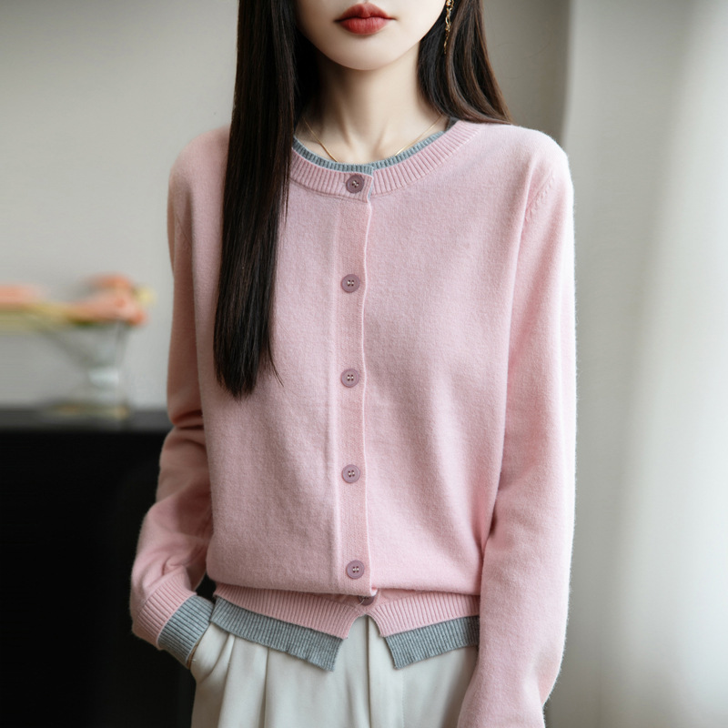 Wool Designer Polo Hoodie Blend 2026 Spring New Women's Loose Fit Color Designer T-shirt Block Round Neck Buttoned Faux Two-piece Knit Sweater Jacket For Outerwear