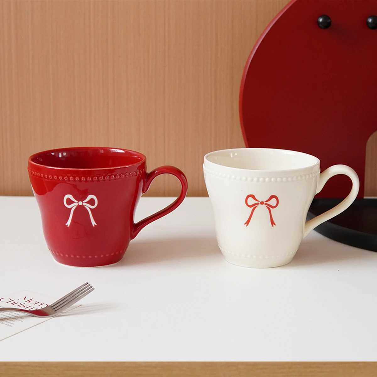 Ceramic Mug Beaded Lace Design Exquisite and Simple Bowknot Mug Coffee Cup Suitable for Home Decoration Daily Breakfast Drinking Cup Afternoon Tea Cof