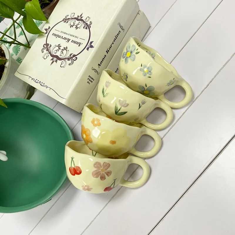 Ceramic Mugs Irregular Flower Coffee Milk Yellow Hand Pinched Cups Cute Korean Style Oat Breakfast Juice Black Tea Kawaii Cup D260323