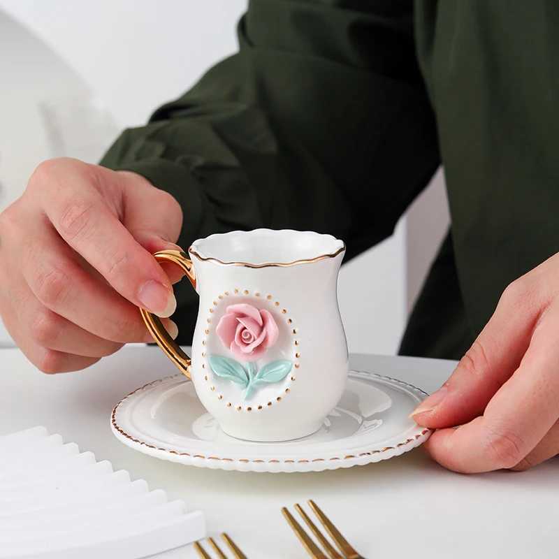 Ceramic rose cup coffee cup plate set handmade ceramic flower cup H260323
