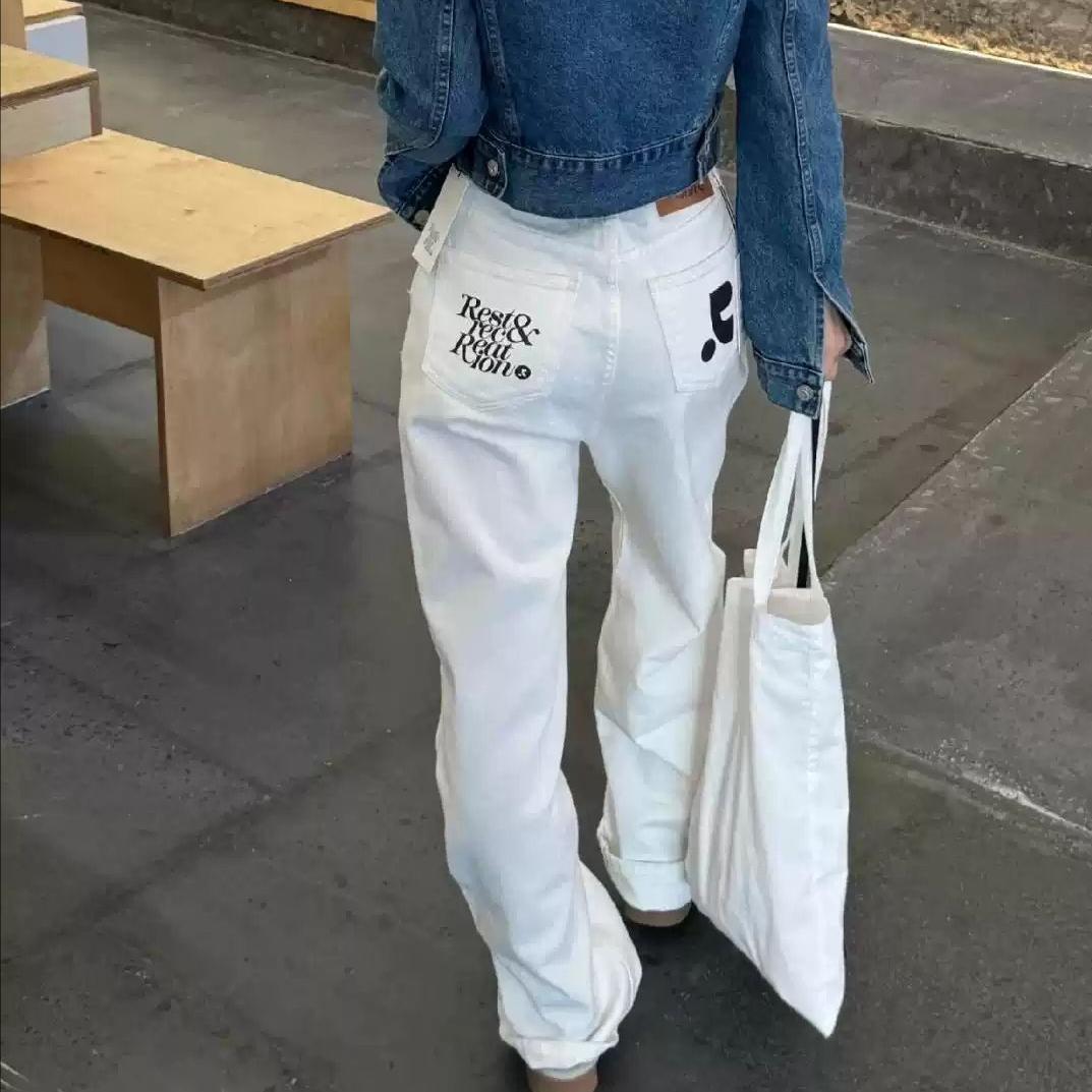 Korean Niche Fashion Brand Designer Pants 2026 Spring New RR Color-blocking Printed Loose Casual Straight-leg Jeans For Women