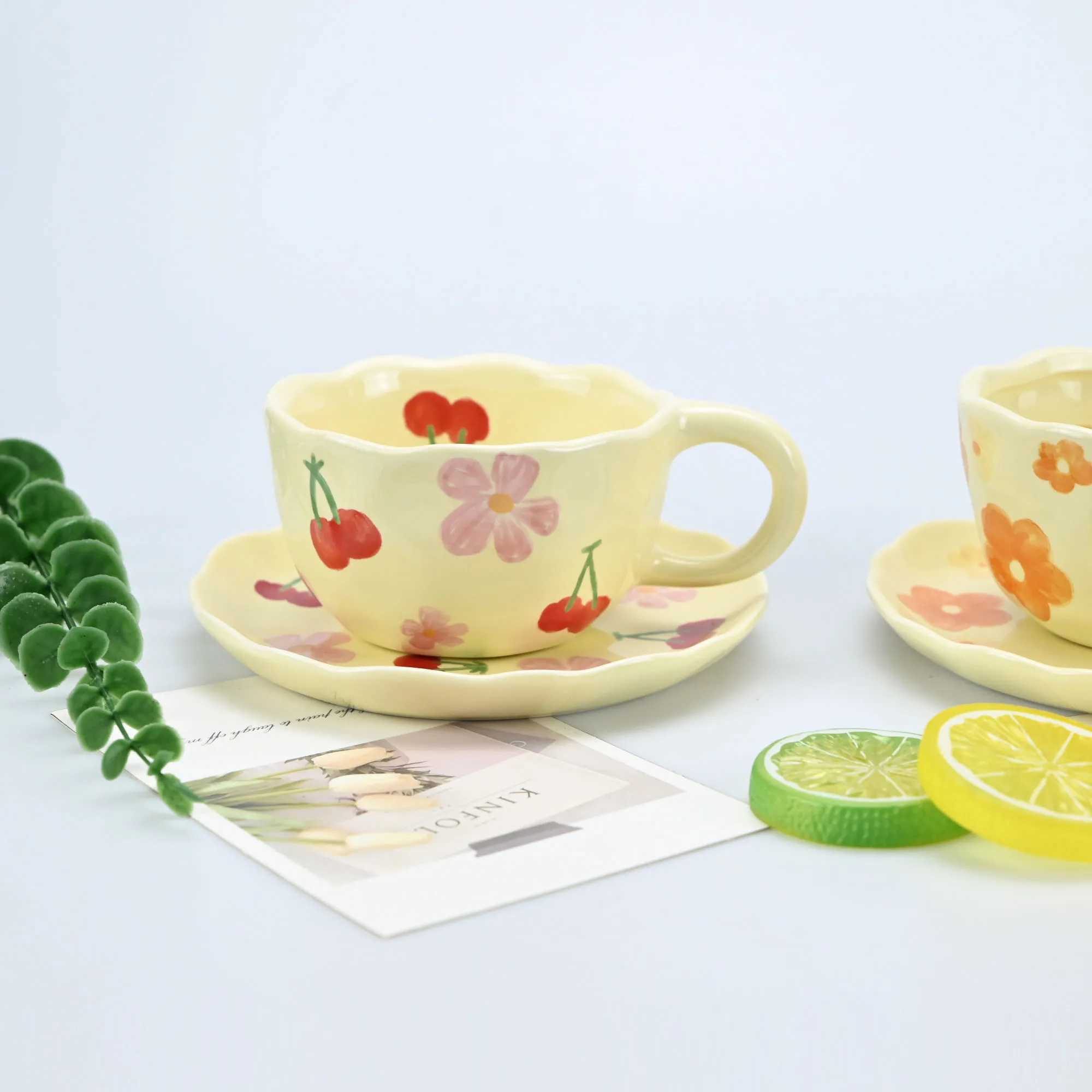 2PCS/Set High-end Coffee Cups And Saucers High-value Ceramic Mugs Business-style Latte Art Coffee Cups Hand-pinched Cups H260323